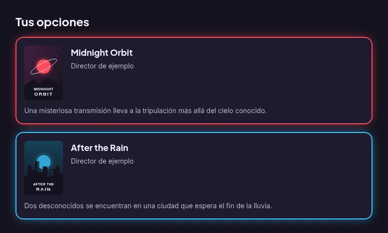 Dos películas con portadas, creadores y sinopsis.